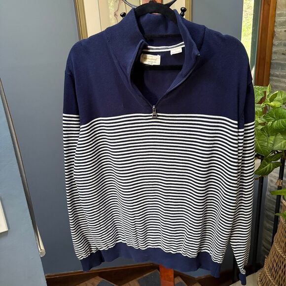Weatherproof Vintage Navy and White Striped 1/4 Zip 100% Cotton Sweater L - Picture 7 of 10